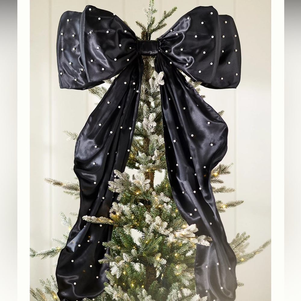 New Anthropologie Pearled Satin Bow Tree Topper Black Christmas